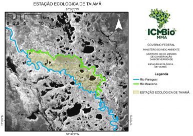 Mapa da ESEC de Taiamã e seu delineamento fluvial. As regiões escuras representam corpos d’água
